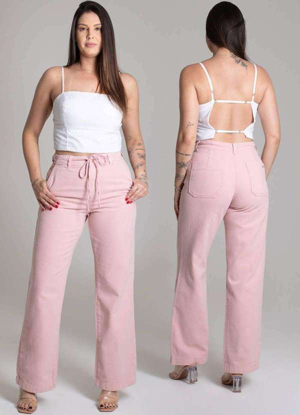 Sawary - Calça Sarja Sawary Wide Leg Rosa 7