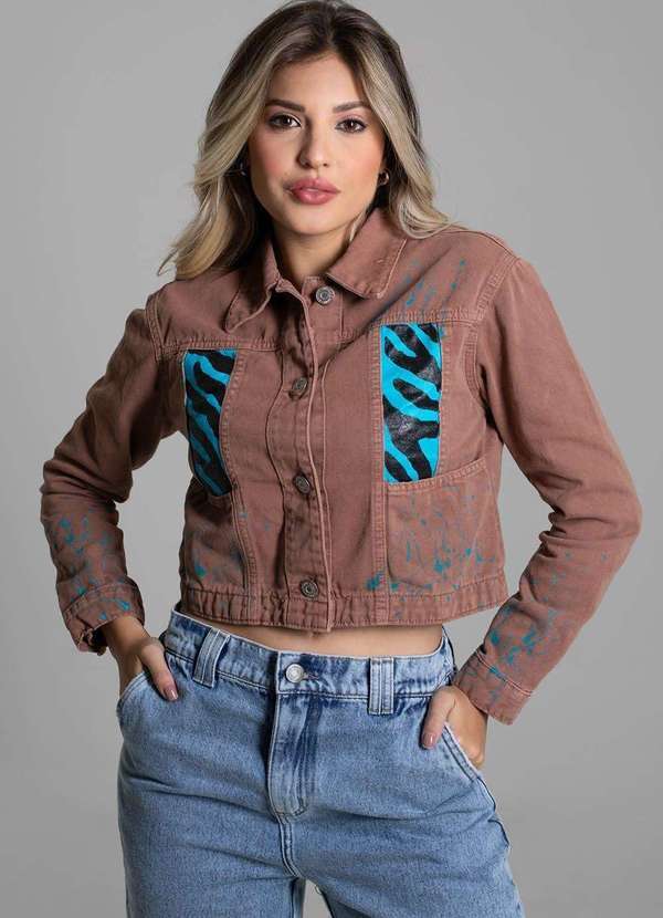 Sawary - Jaqueta Sawary Jeans Personalizada Animal Print - 274734 Marrom