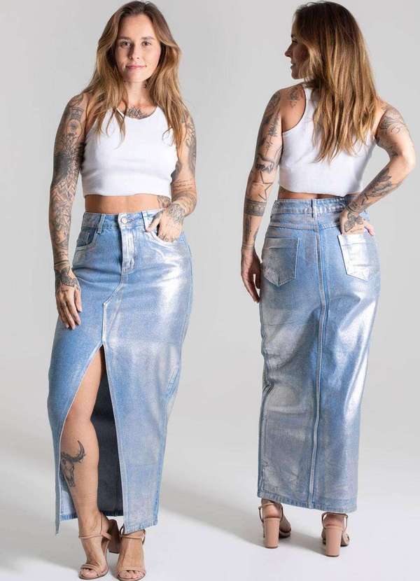 Sawary - Saia Jeans Sawary Midi Azul 6