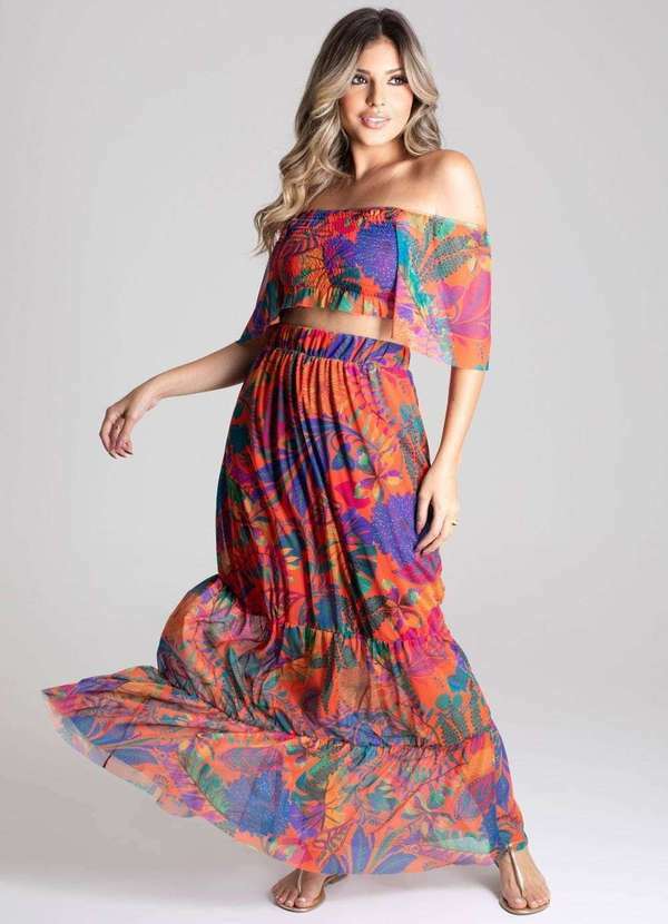 Sawary - Saia Sawary Longa Estampada - 278736 Laranja