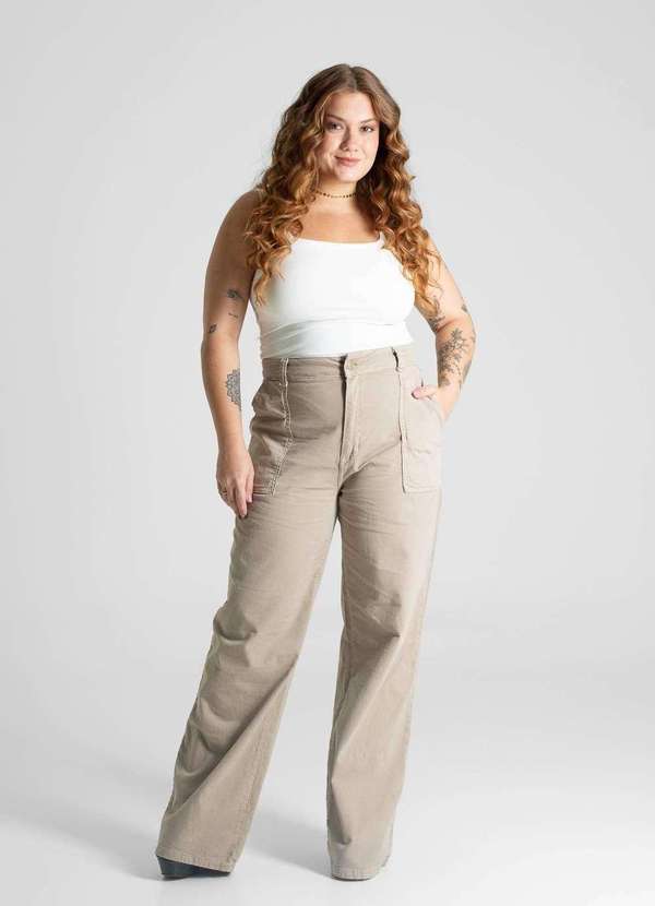 Sawary - Calça Sarja Sawary Plus Size Wide Leg - 281486 Bege 2