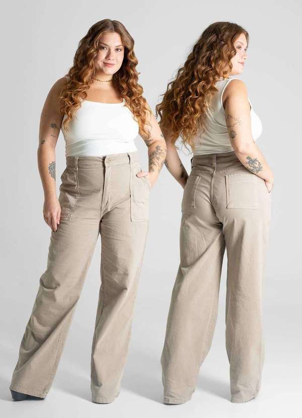 Sawary - Calça Sarja Sawary Plus Size Wide Leg - 281486 Bege 5