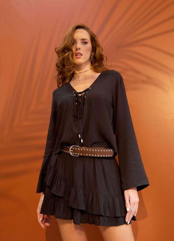 Pop Me - Bata em Viscose Manga Longa com Ilhos Preto