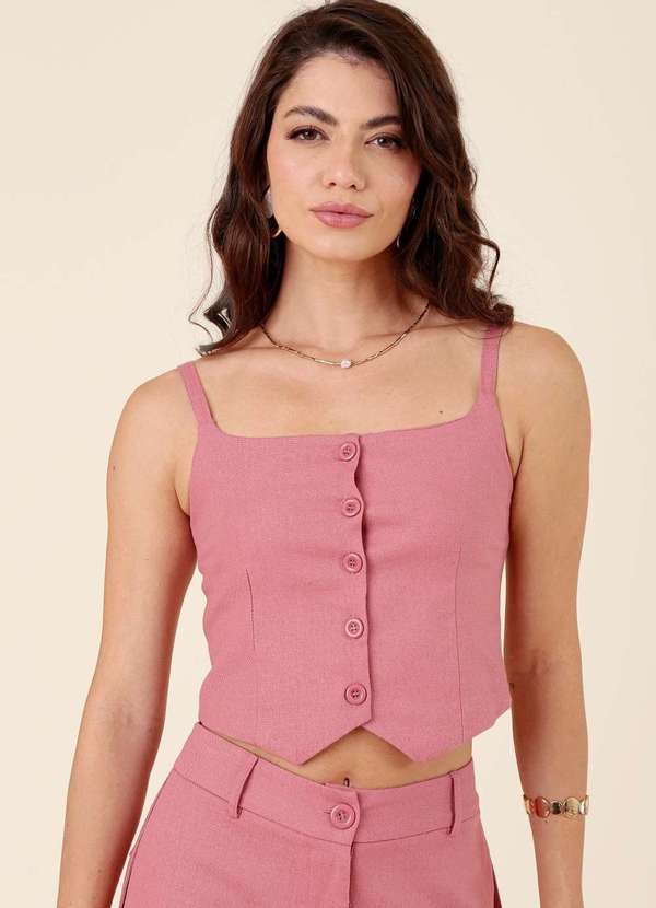 Pop Me - Blusa Alcas Corset em Linho Botao Rosa