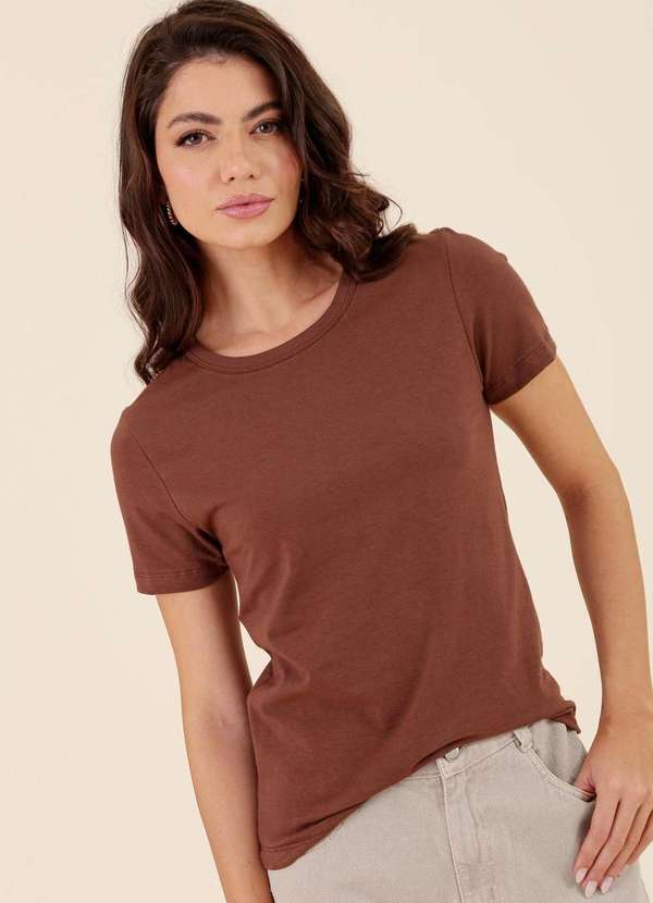 Pop Me - Blusa Basica em Cotton Manga Curta Marrom 1