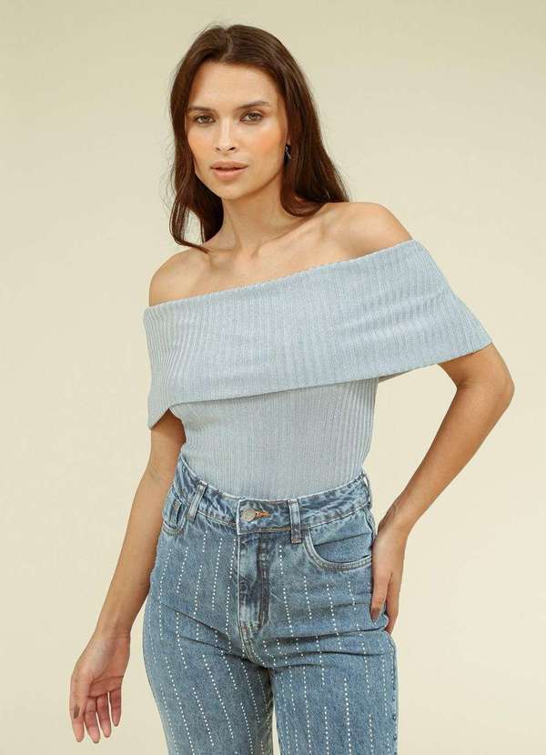 Pop Me - Blusa Canelado Lurex Ombro a Ombro Cinza