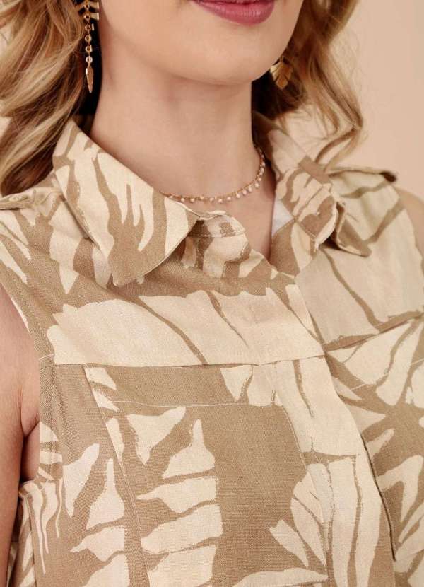 Pop Me - Blusa Colete em Linho com Bolso Folhagem Neutra Marrom 3