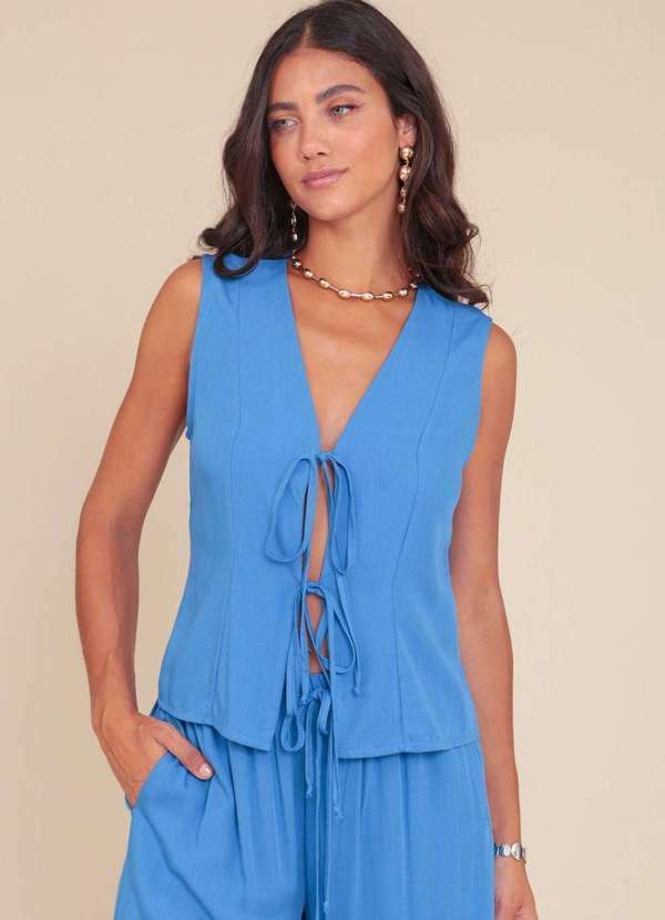 Pop Me - Blusa Colete em Viscolinho com Lacos Frontais Azul
