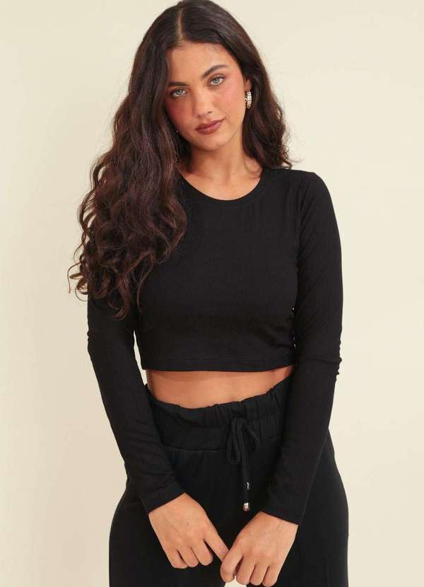 Pop Me - Blusa Cropped Canelado Manga Longa Preto
