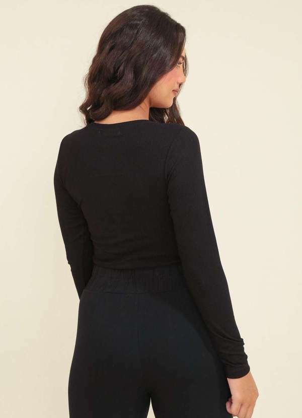Pop Me - Blusa Cropped Canelado Manga Longa Preto 2
