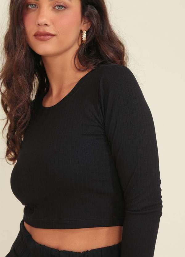 Pop Me - Blusa Cropped Canelado Manga Longa Preto 3