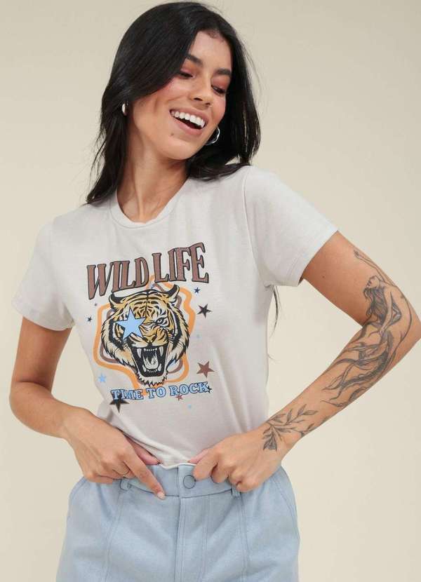 Pop Me - Blusa Cropped Cotton Manga Curta Wild Life Bege