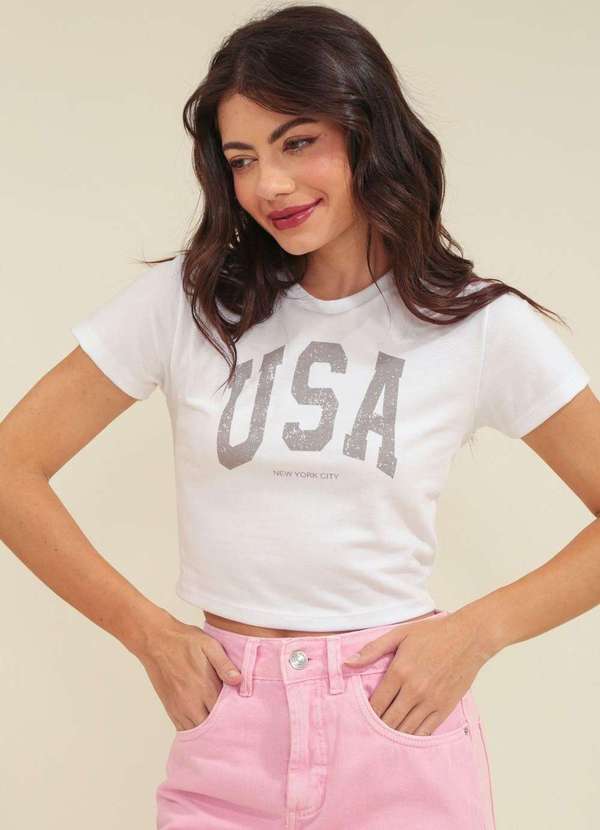 Pop Me - Blusa Cropped em Cotton Manga Curta Usa Branco