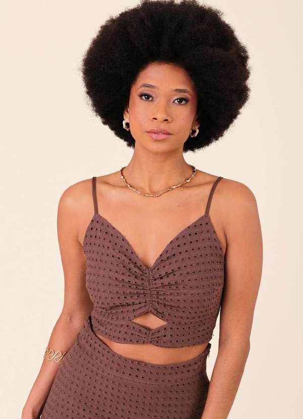 Pop Me - Blusa Cropped em Laise Alca com Abertura Busto Marrom