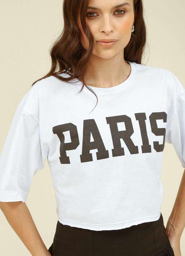 Pop Me - Blusa Cropped em Meia Malha com Estampa Paris Branco 3