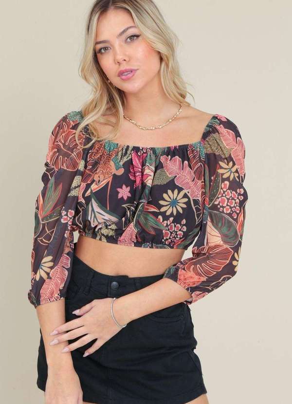 Pop Me - Blusa Cropped em Tule Estampado Manga 3/4 Preto