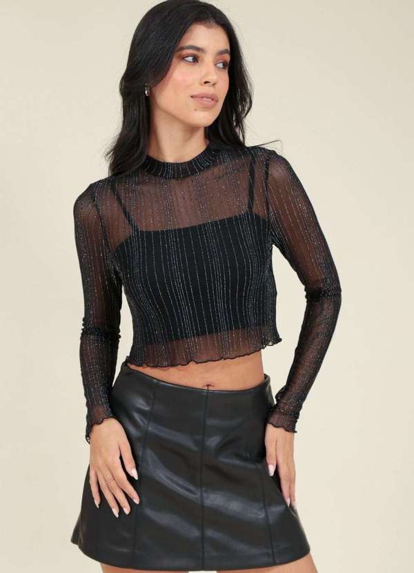 Pop Me - Blusa Cropped Manga Longa em Tule Lurex Preto