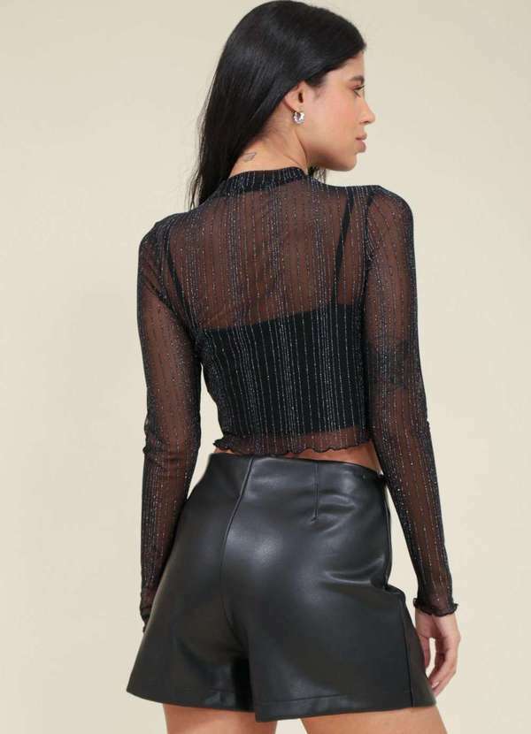 Pop Me - Blusa Cropped Manga Longa em Tule Lurex Preto 2