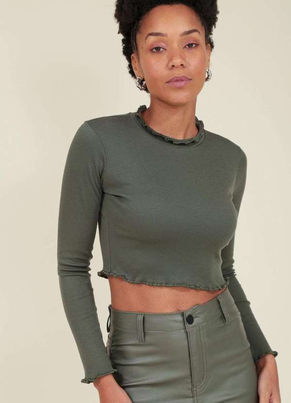 Pop Me - Blusa Cropped Manga Longa Frufru Verde