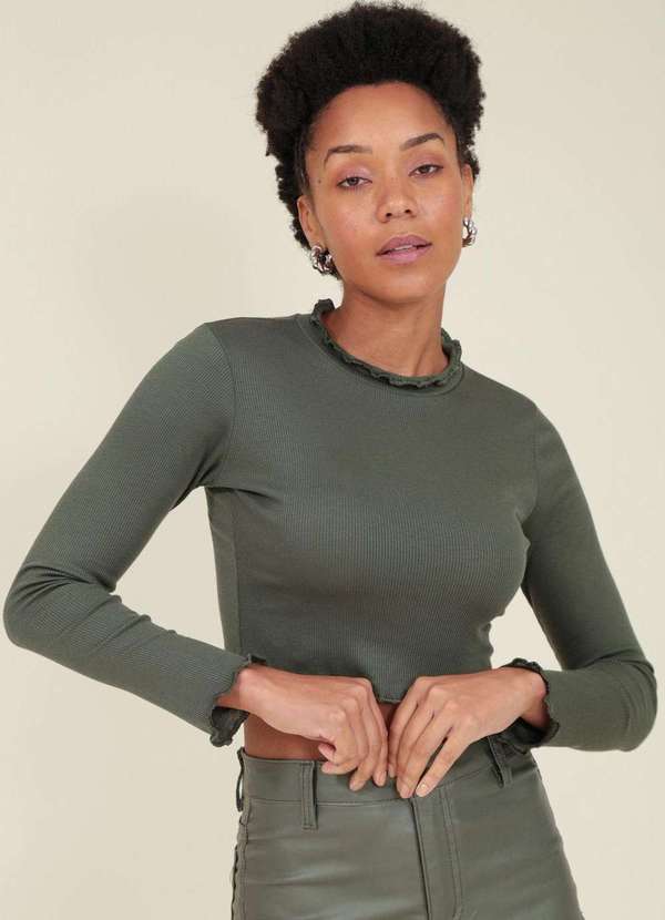 Pop Me - Blusa Cropped Manga Longa Frufru Verde 3