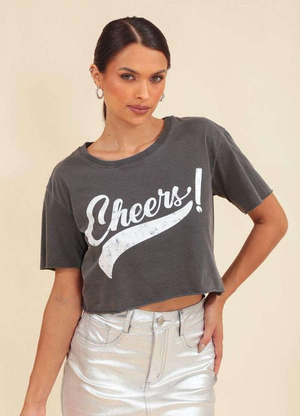 Pop Me - Blusa Cropped Meia Malha Estonado com Cheers Cinza