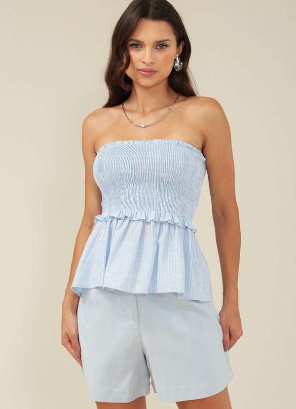 Pop Me - Blusa em Algodao com Decote Reto com Lastex Azul