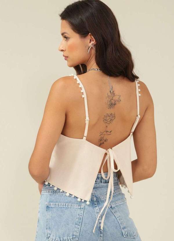 Pop Me - Blusa em Linho com Alca e Aplicacao de Perolas Bege 2
