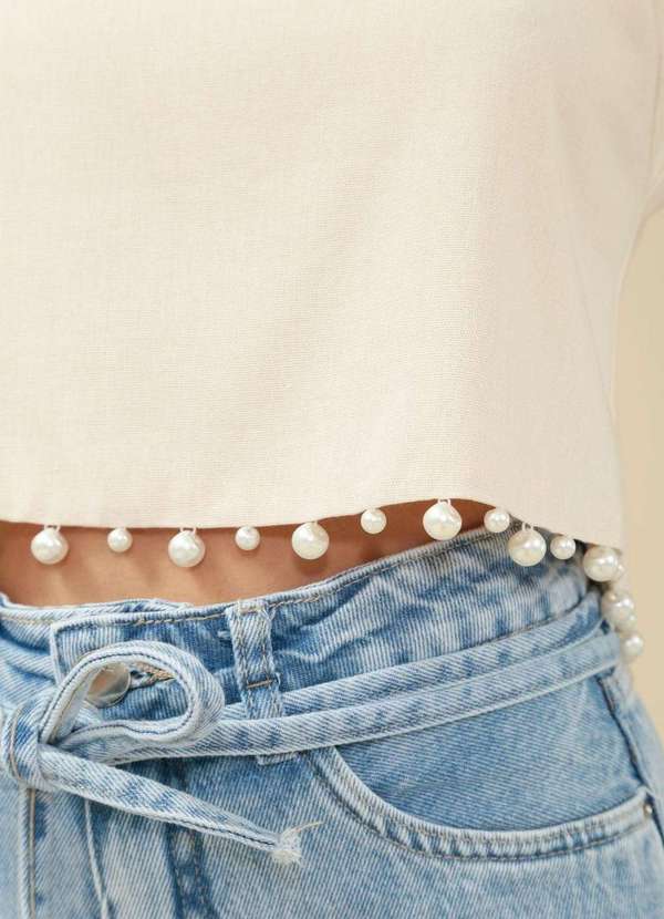 Pop Me - Blusa em Linho com Alca e Aplicacao de Perolas Bege 3