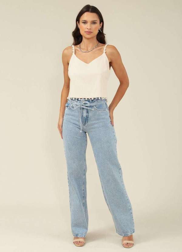 Pop Me - Blusa em Linho com Alca e Aplicacao de Perolas Bege 4