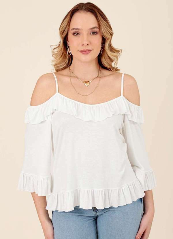 Pop Me - Blusa em Malha Crepe Manga 3/4 Ombro Vazado Babados Branco