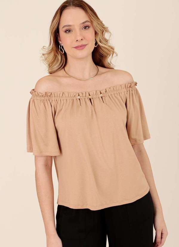 Pop Me - Blusa em Malha Crepe Manga Curta Metal Busto Marrom