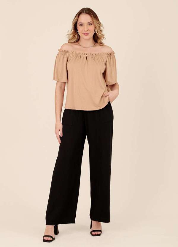 Pop Me - Blusa em Malha Crepe Manga Curta Metal Busto Marrom 4