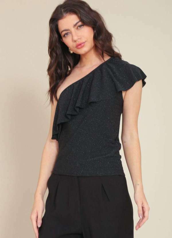 Pop Me - Blusa em Malha Lurex Ombro So Babados Preto