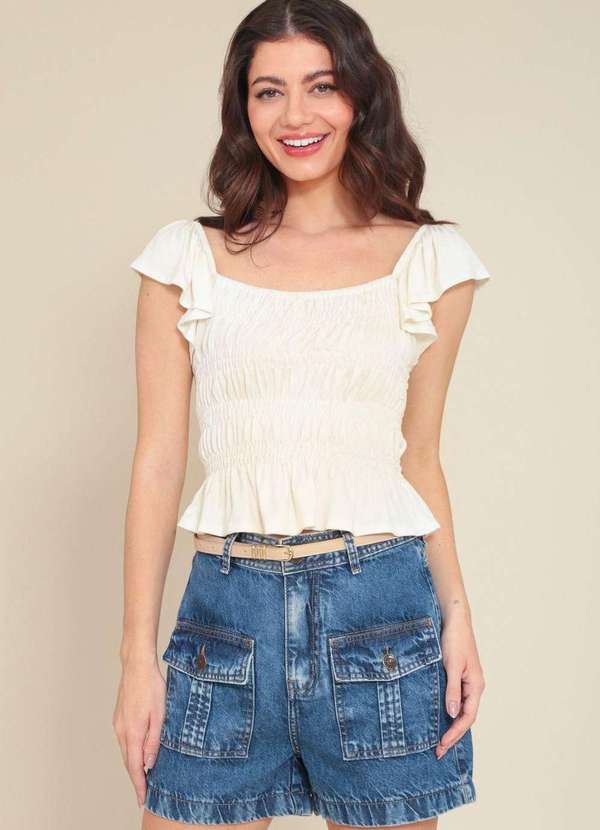 Pop Me - Blusa em Malha Texturizada com Lastex Manga Babados Branco