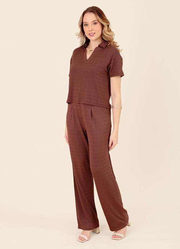 Pop Me - Blusa em Malha Texturizada Gola Polo Marrom 5