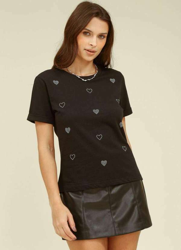 Pop Me - Blusa em Meia Malha com Aplique Strass Coracao Preto