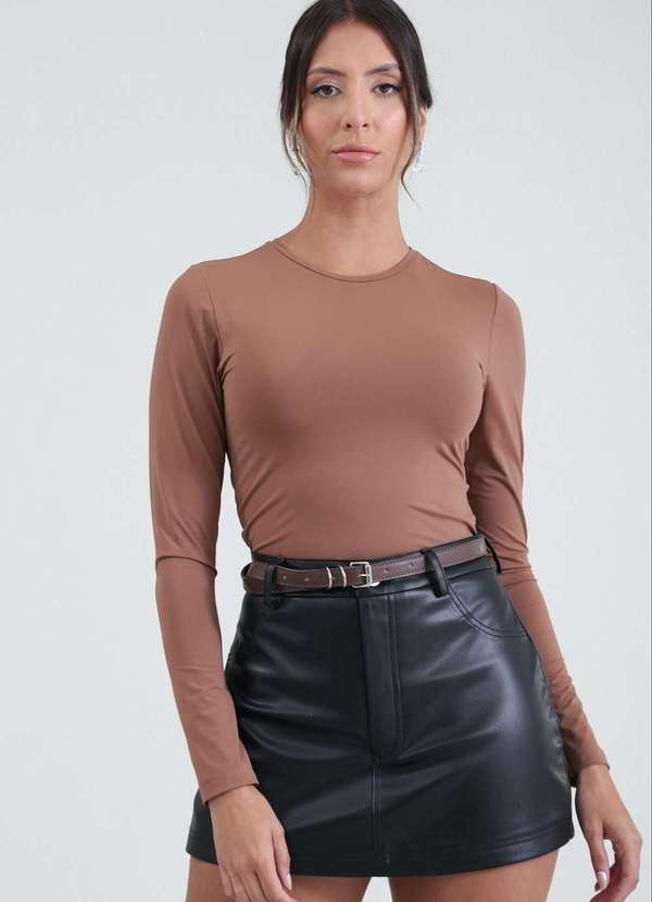 Pop Me - Blusa em Poliamida Manga Longa Basica Marrom
