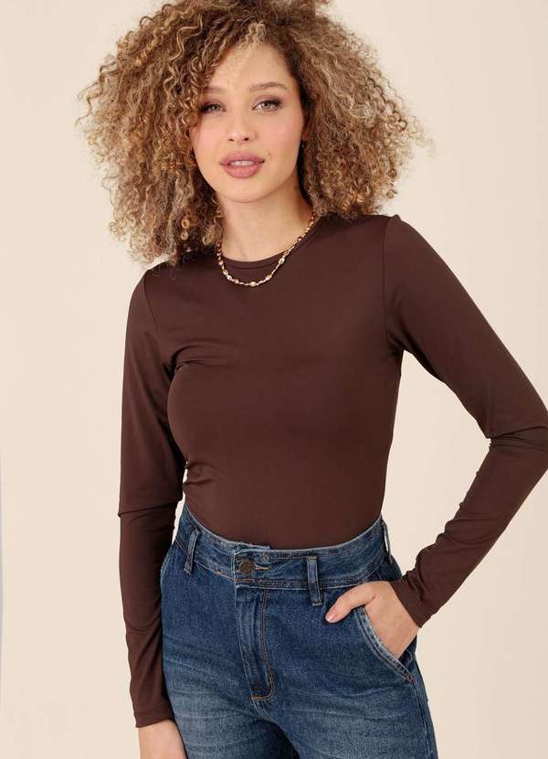 Pop Me - Blusa em Poliamida Manga Longa Basica Marrom