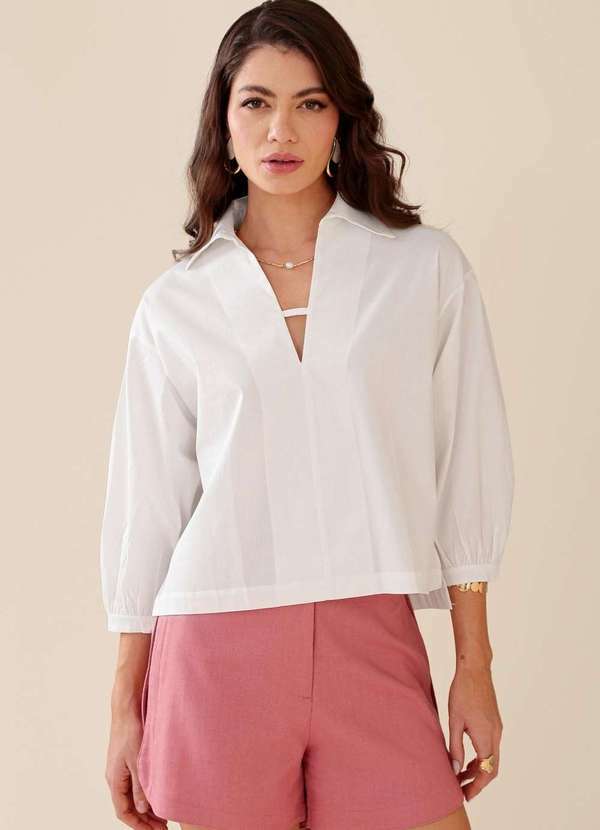 Pop Me - Blusa em Tricoline Manga 7/8 Gola Polo Decote V Branco