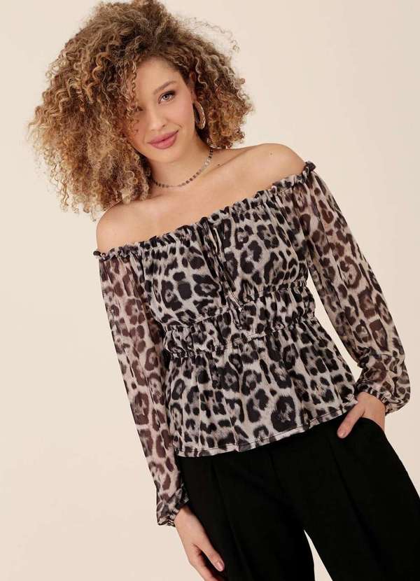 Pop Me - Blusa em Tule Leopardo Manga 7/8 Ombro a Ombro Bege