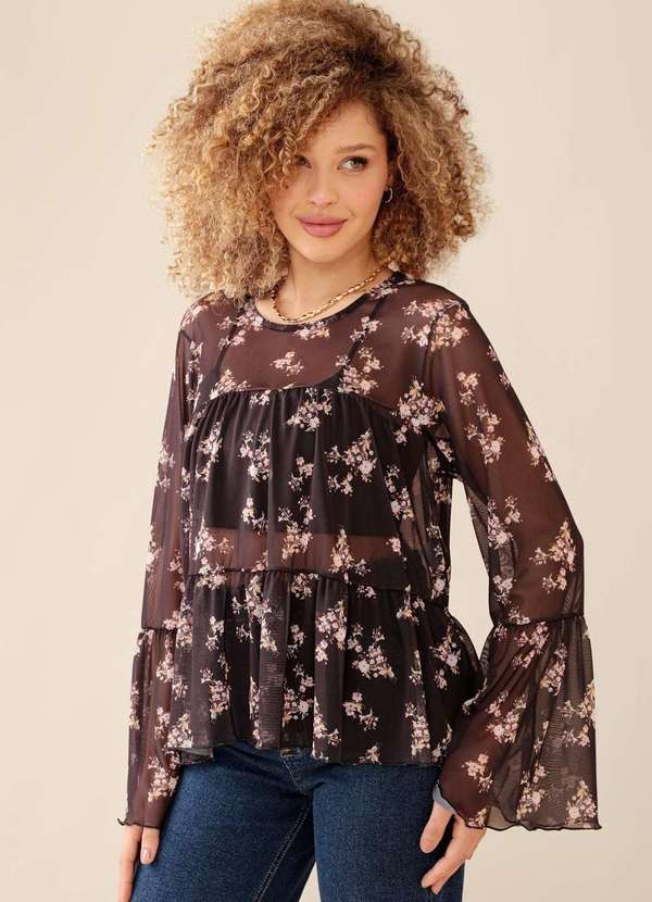 Pop Me - Blusa em Tule Manga Longa Sweet Darkness Preto