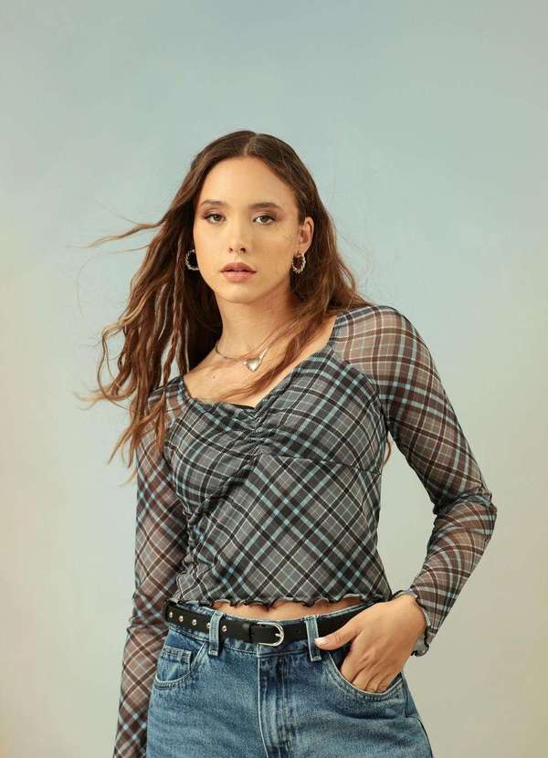 Pop Me - Blusa em Tule Xadrez Manga Longa Cinza