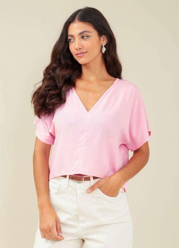 Pop Me - Blusa em Viscolinho Decote V e Manga Ampla Rosa