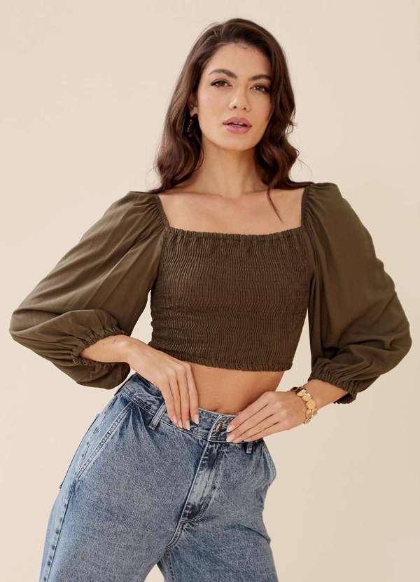 Pop Me - Blusa em Viscose Manga Longa com Elastex Verde
