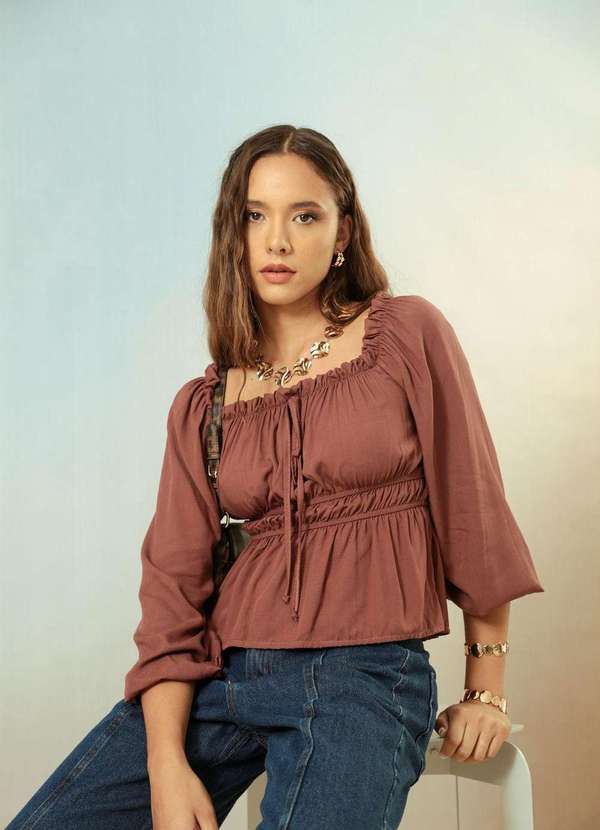 Pop Me - Blusa em Viscose Manga Longa Ombro a Ombro Marrom