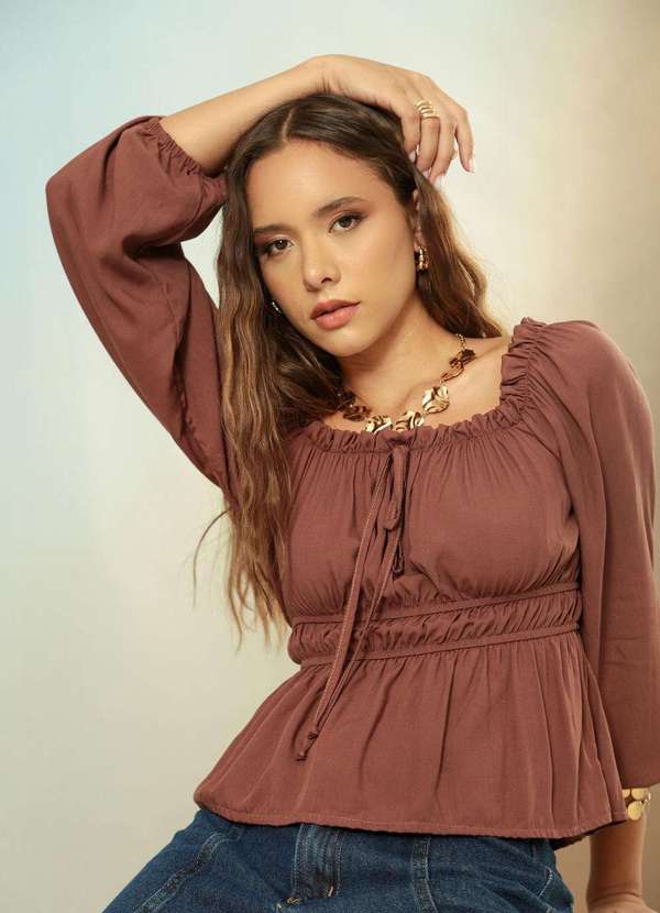 Pop Me - Blusa em Viscose Manga Longa Ombro a Ombro Marrom 2