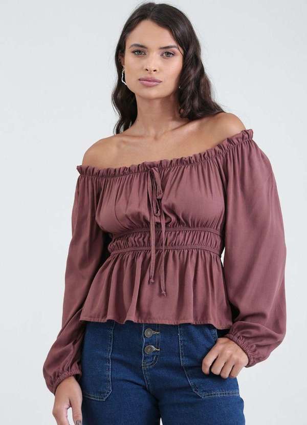 Pop Me - Blusa em Viscose Manga Longa Ombro a Ombro Marrom 4