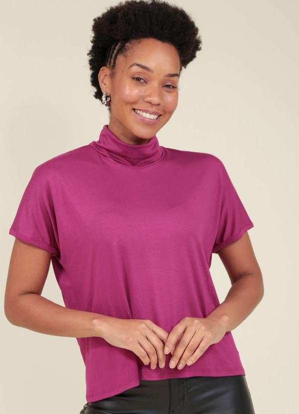Pop Me - Blusa Malha com Gola Alta Manga Curta Rosa