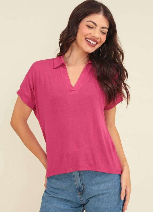 Pop Me - Blusa Malha Tricot Manga Curta Gola Polo Rosa