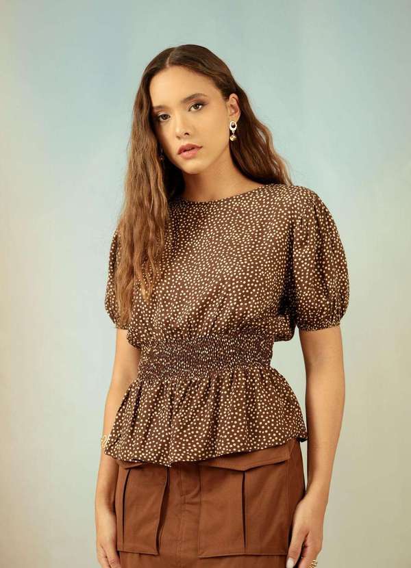 Pop Me - Blusa Manga Curta com Elastex Viscose Poa Marrom
